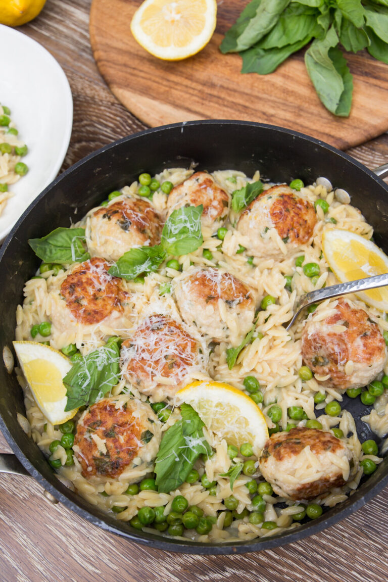One-Pan Basil Chicken Meatballs With “Orzotto” - Caroline Chambers