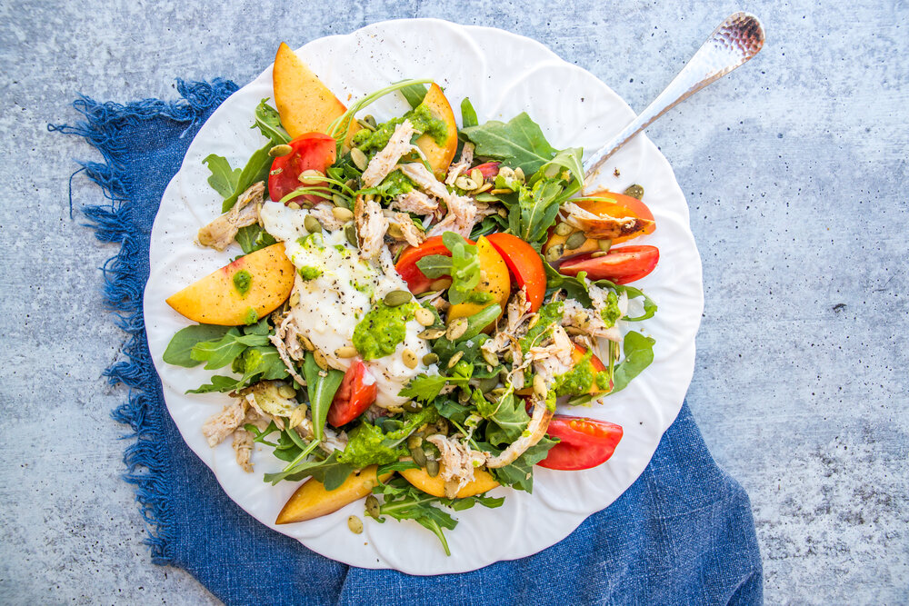 Summer Salad with Shredded Chicken, Peaches, Tomatoes, Burrata, and ...