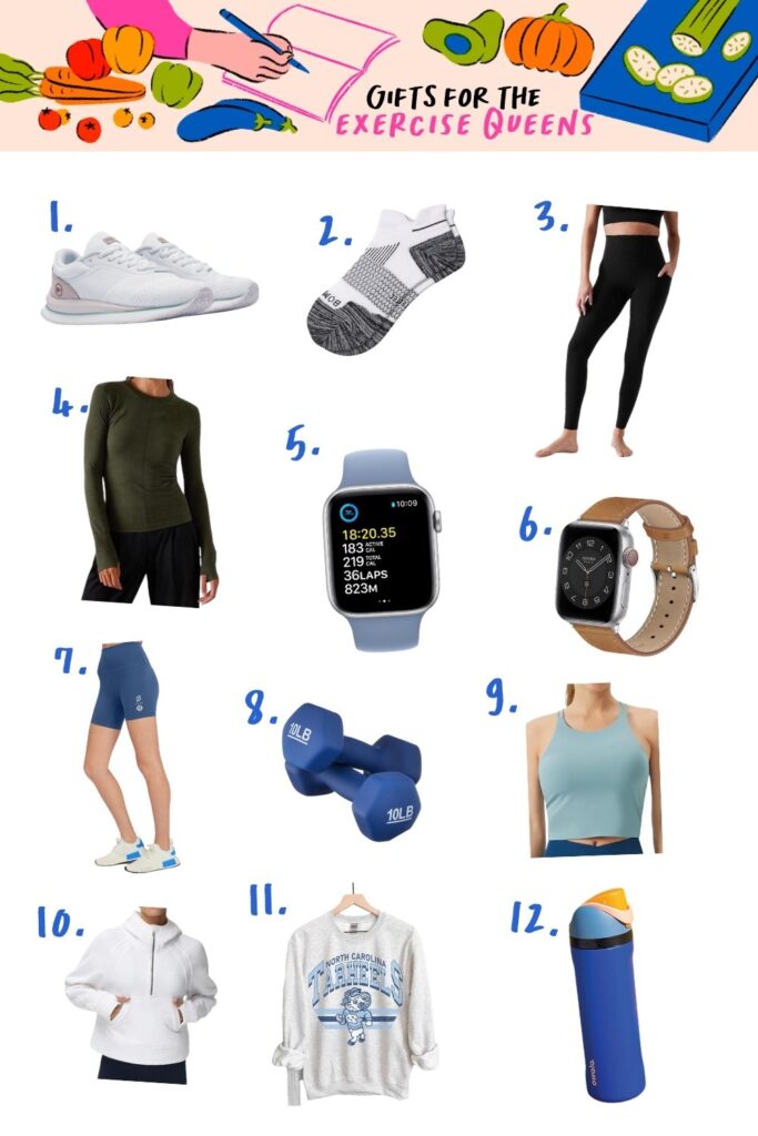 A collage of 12 holiday gift guide ideas for exercise enthusiasts, featuring shoes, socks, leggings, tops, smartwatches, shorts, dumbbells, a water bottle, and sweatshirts.