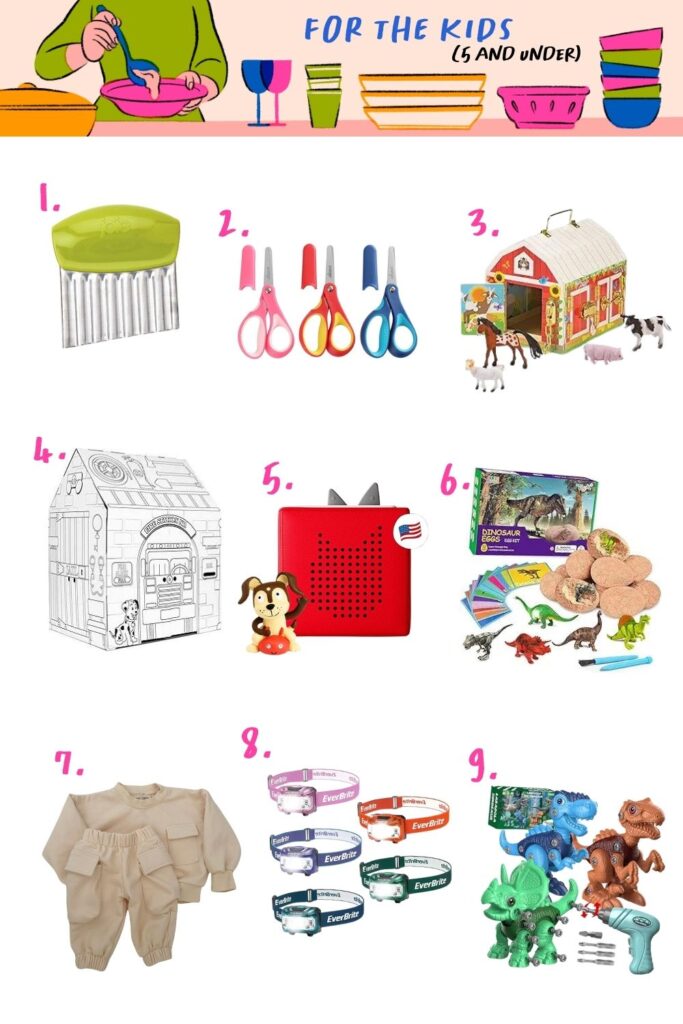 A holiday gift guide featuring nine ideas for kids under five, including kitchen tools, scissors, a toy barn set, playhouse, audio box, craft kits, clothing set, water bottles, and dinosaur toys.