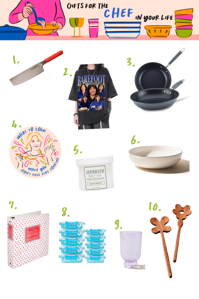 A collage titled "Gifts for the Chef in Your Life" from our holiday gift guide features ten items including a knife, sweatshirt, pans, sticker, salt, bowl, recipe box, storage containers, glass, and wooden utensils.