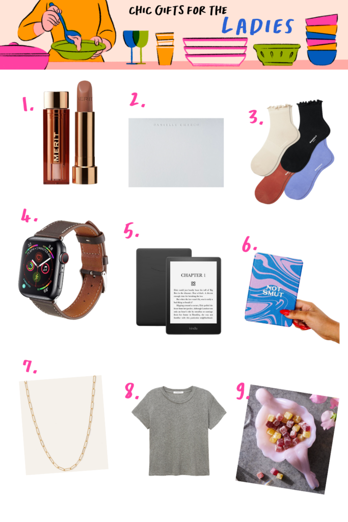 A collage titled "Chic Gifts for the Ladies" features a lipstick and blush stick, planner, colorful socks, smartwatch, Kindle, notebook, gold necklace, gray t-shirt, and a box of sweets for the ultimate holiday gift guide.
