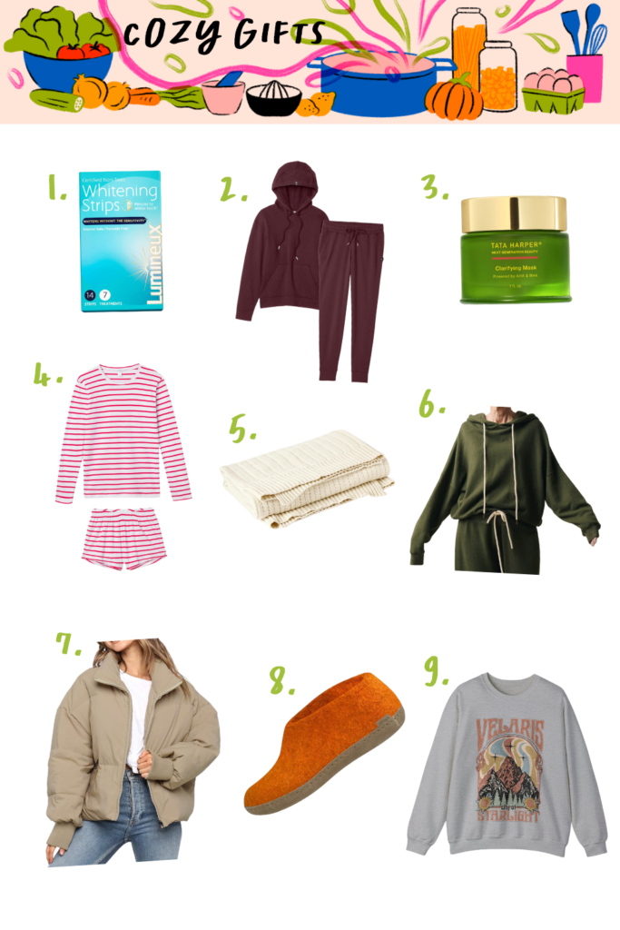 A collage titled "Cozy Gifts" displays nine gift ideas in this holiday gift guide: whitening strips, burgundy loungewear, a green face cream, striped pajamas, a blanket, a green hoodie dress, a tan puffer jacket, orange slippers, and a printed sweatshirt.