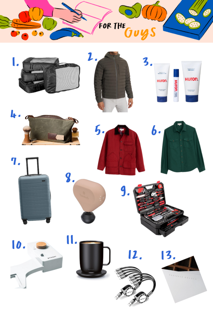 A holiday gift guide featuring 13 gift ideas for men, including travel bags, jacket, skin care, toiletry bag, luggage, headphones, mug, tools, and accessories—each thoughtfully displayed with a number.