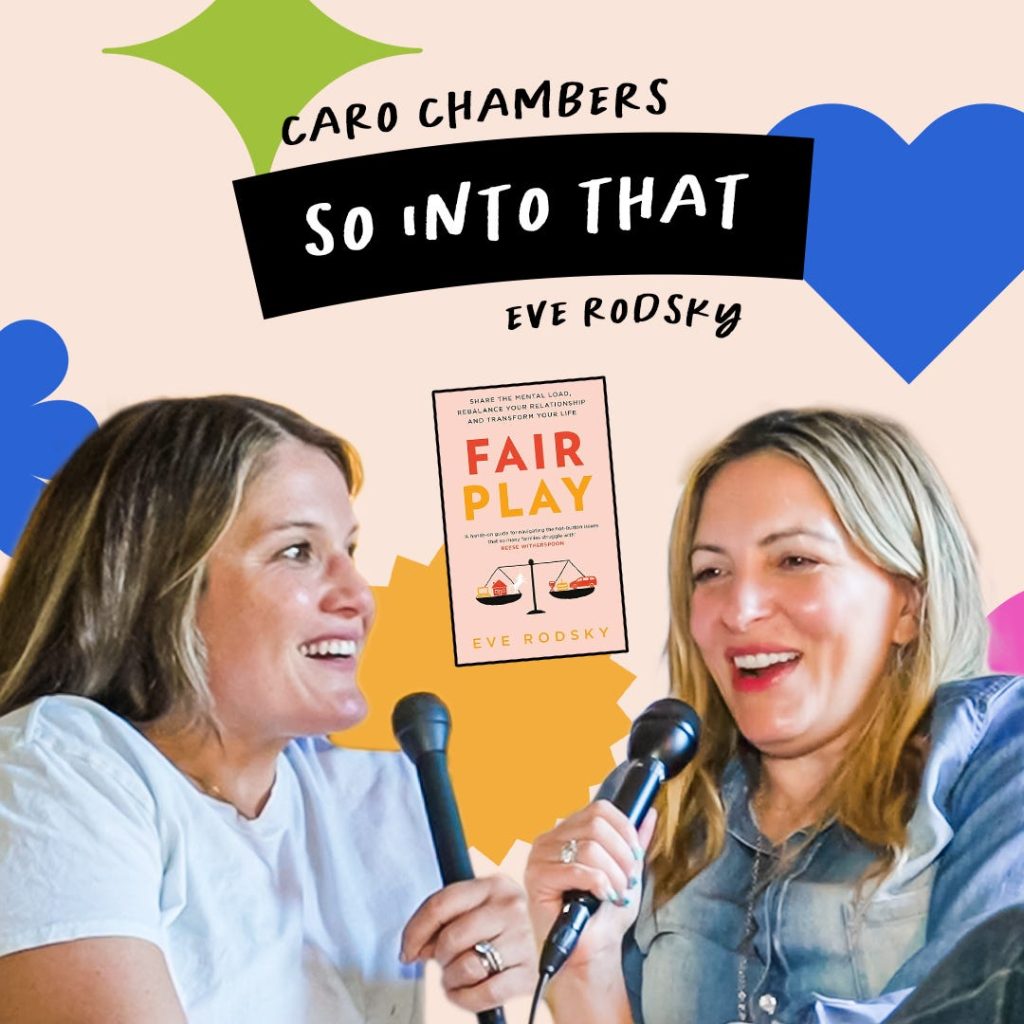 Two women holding microphones are talking and smiling, with the book "Fair Play" by Eve Rodsky displayed between them and colorful shapes in the background.